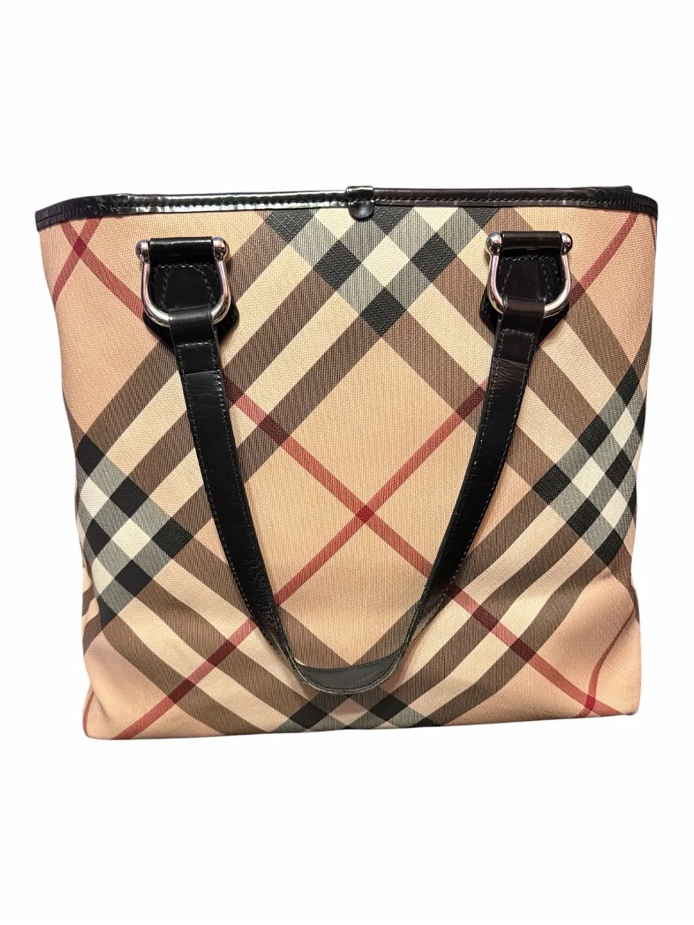 BURBERRY Haymarket Check Canvas & Black Leather Trim Tote Bag